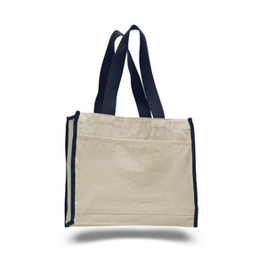 Heavy Duty Gusseted Tote with Colored Handles in Navy Blue